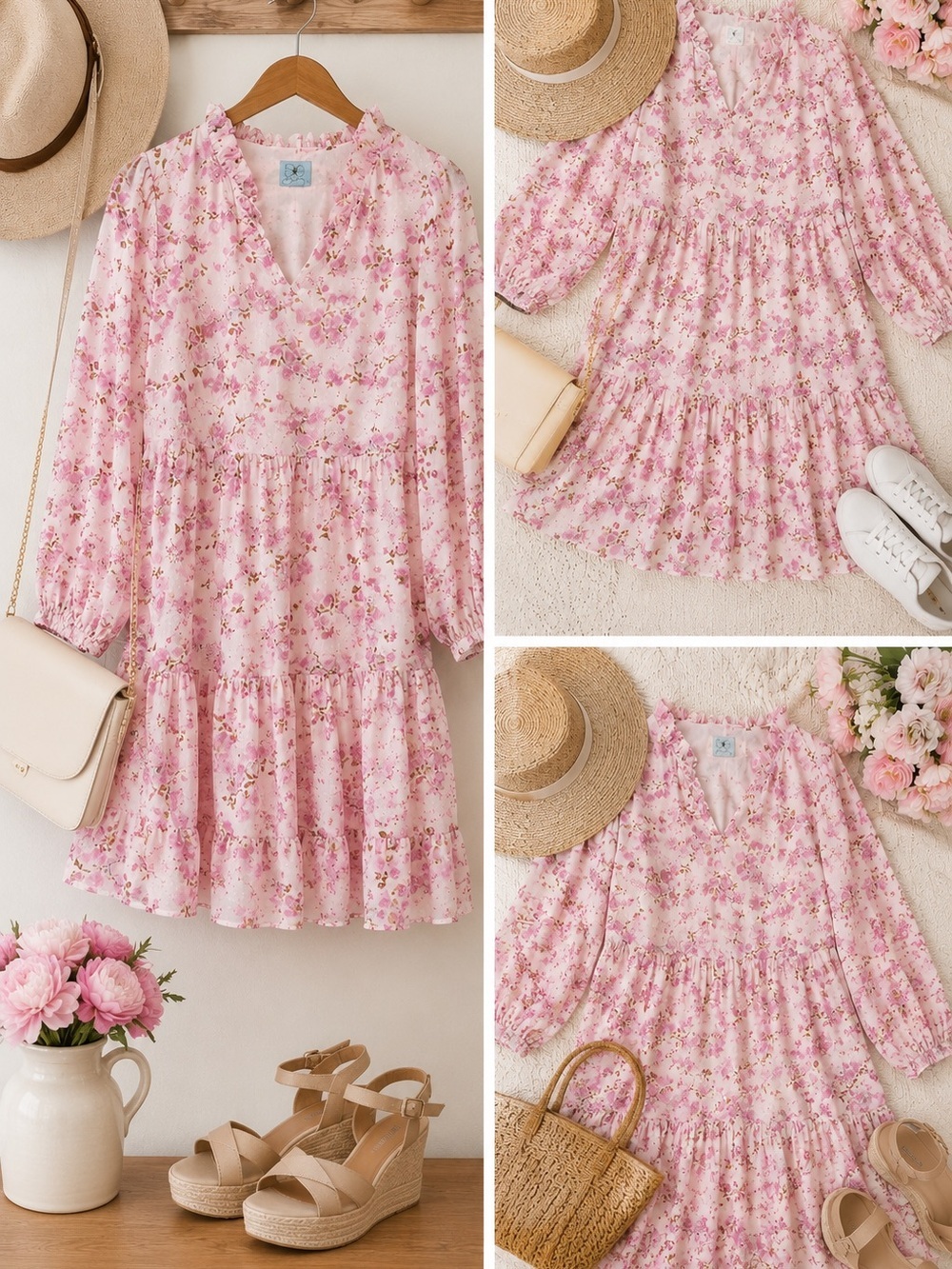 CeCe Pink Floral Tiered Lined Babydoll Dress Medium Cottagecore EUC